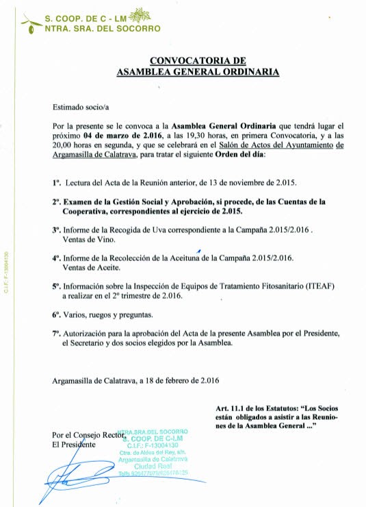 Convocatoria Asamblea Cooperativa Nuestra Señora del Socorro 04/03/2016