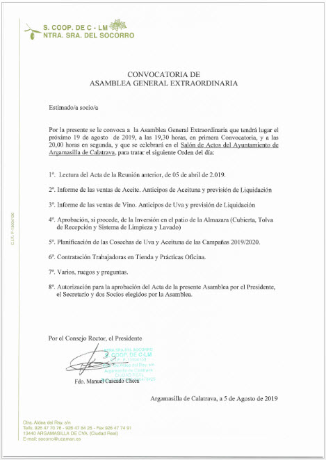 Cooperativa Nuestra Sra. del Socorro Convocatoria Asamblea