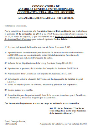 Convocatoria de asamblea 13/11/2015